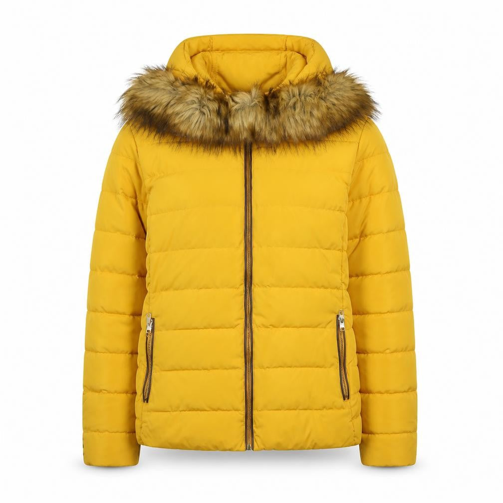 Zara Women Yellow Faux Fur Hooded Puffer Jacket XL Winter Coat