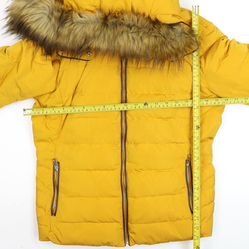 Zara Women Yellow Faux Fur Hooded Puffer Jacket XL Winter Coat