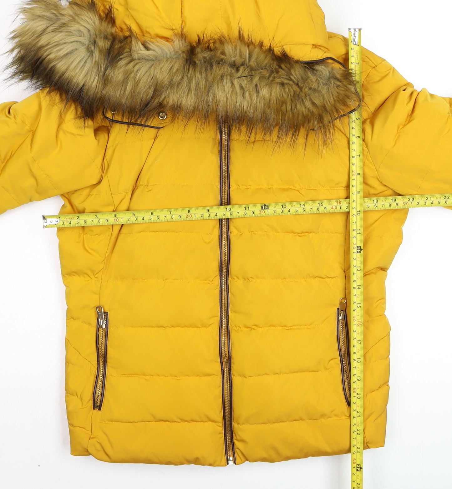Zara Women Yellow Faux Fur Hooded Puffer Jacket XL Winter Coat