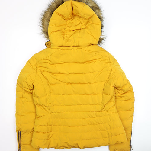 Zara Women Yellow Faux Fur Hooded Puffer Jacket XL Winter Coat