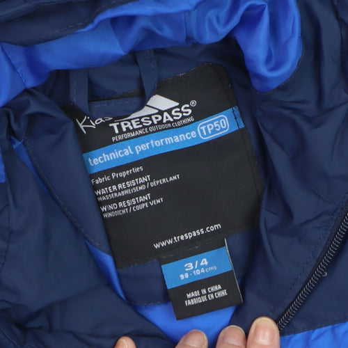 Trespass Boys Blue Hooded Puffer Jacket 3-4 Years Water Resistant Winter Coat