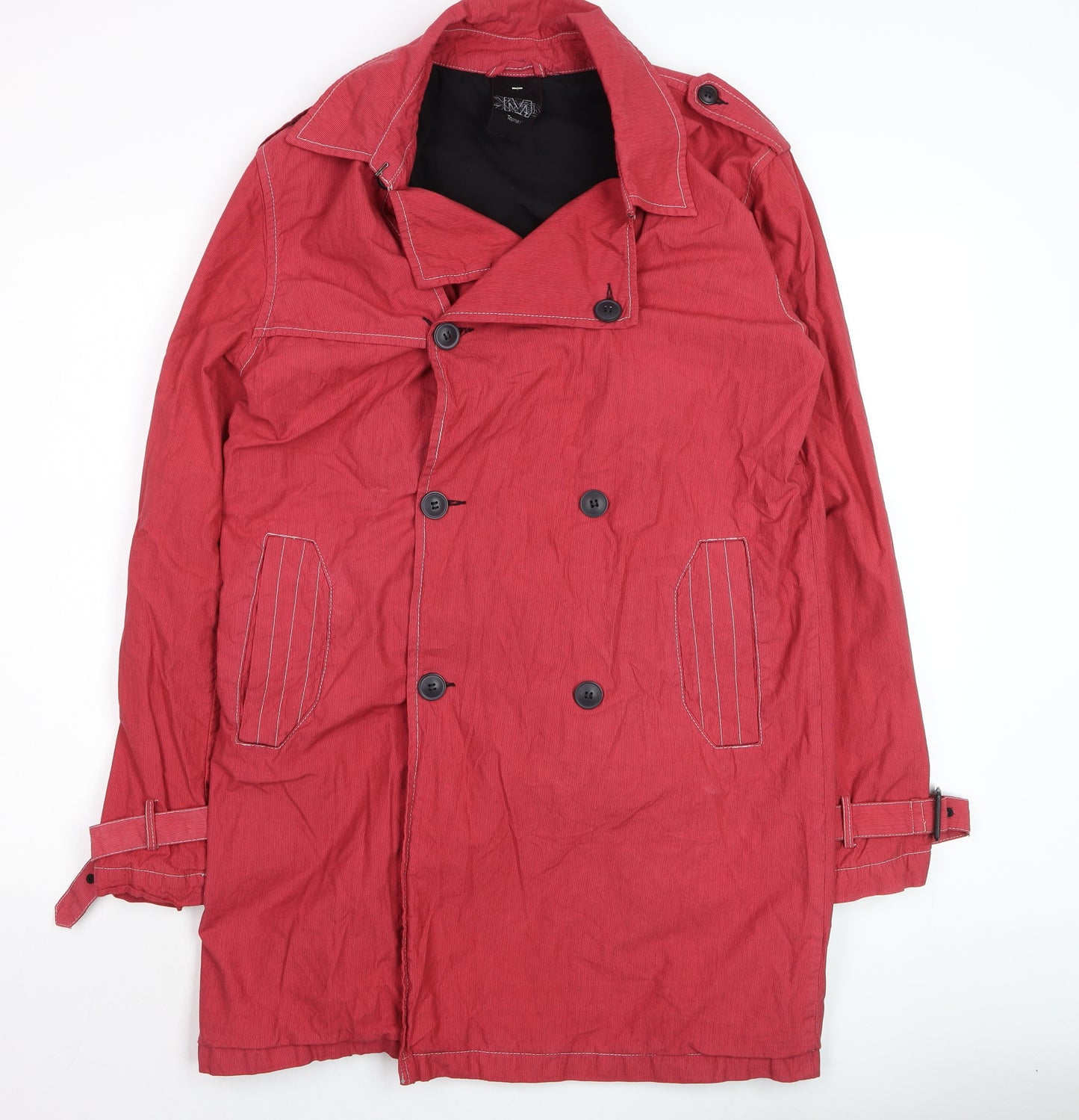 Topman Men's Red Cotton Trench Coat M 38in Belted Mid-Length