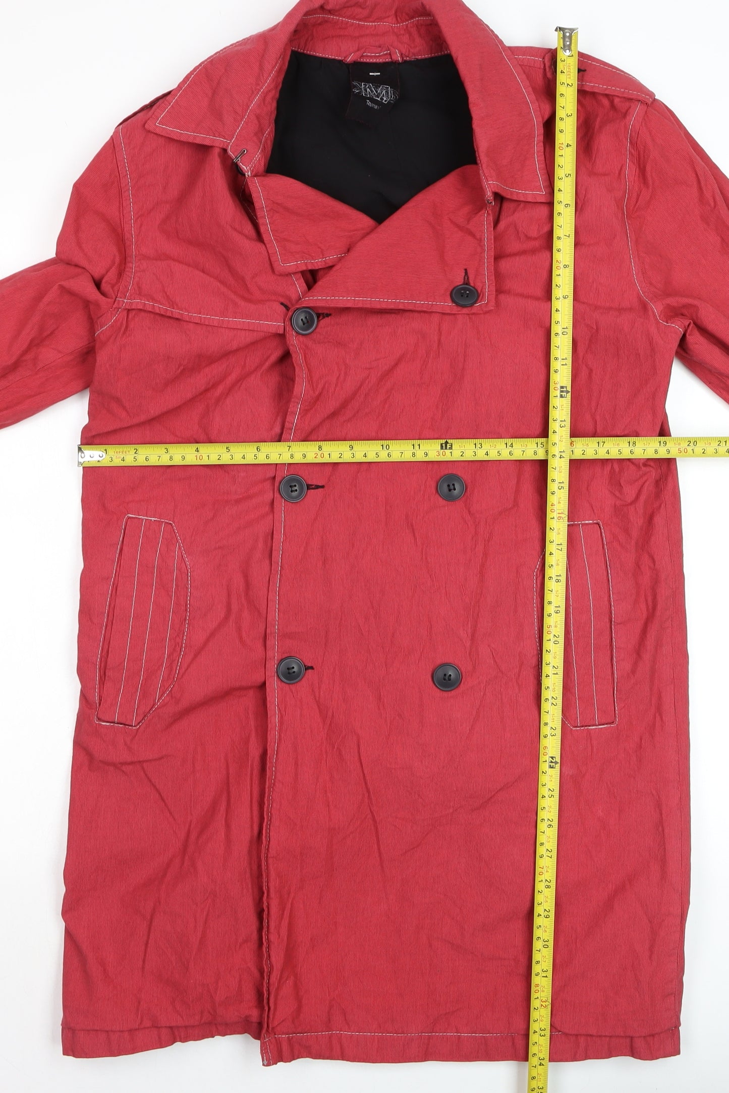 Topman Men's Red Cotton Trench Coat M 38in Belted Mid-Length