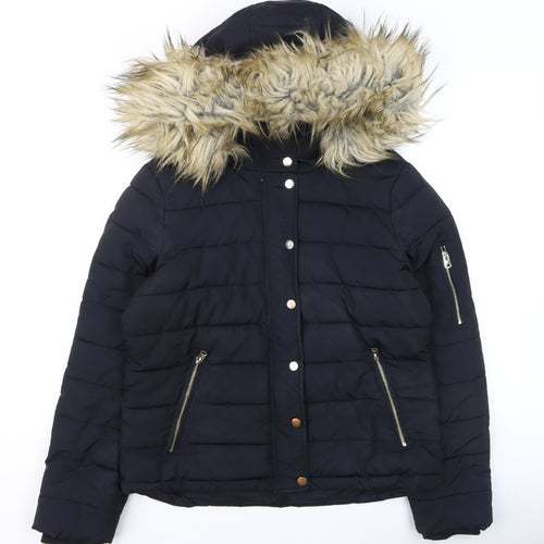 Topshop Women's Black Faux Fur Hooded Puffer Jacket Size 12