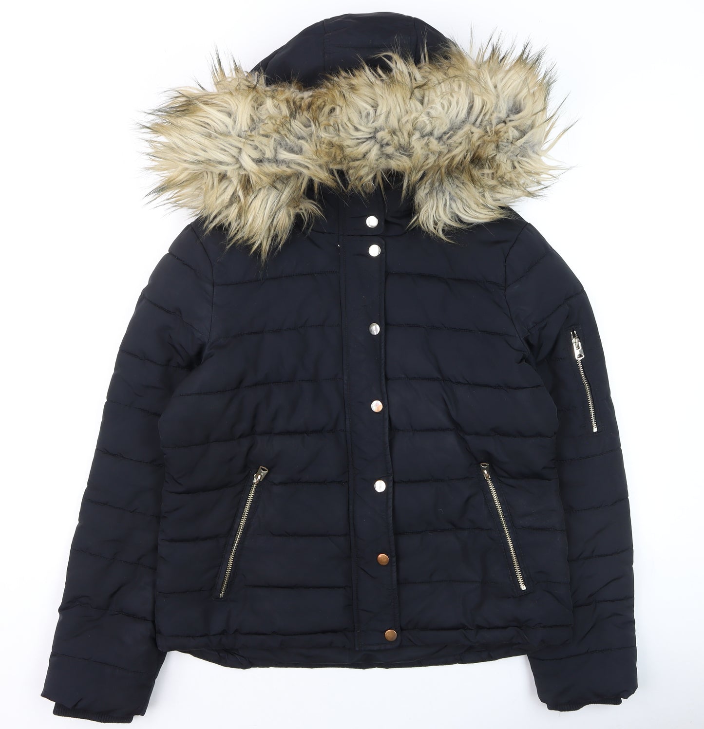 Topshop Women's Black Faux Fur Hooded Puffer Jacket Size 12