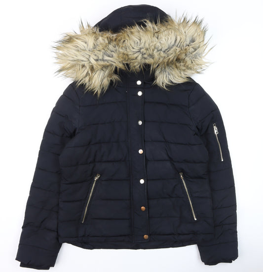 Topshop Women's Black Faux Fur Hooded Puffer Jacket Size 12