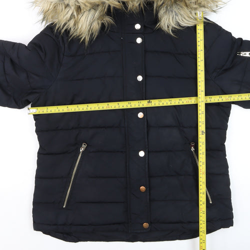 Topshop Women's Black Faux Fur Hooded Puffer Jacket Size 12