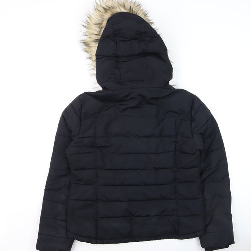 Topshop Women's Black Faux Fur Hooded Puffer Jacket Size 12
