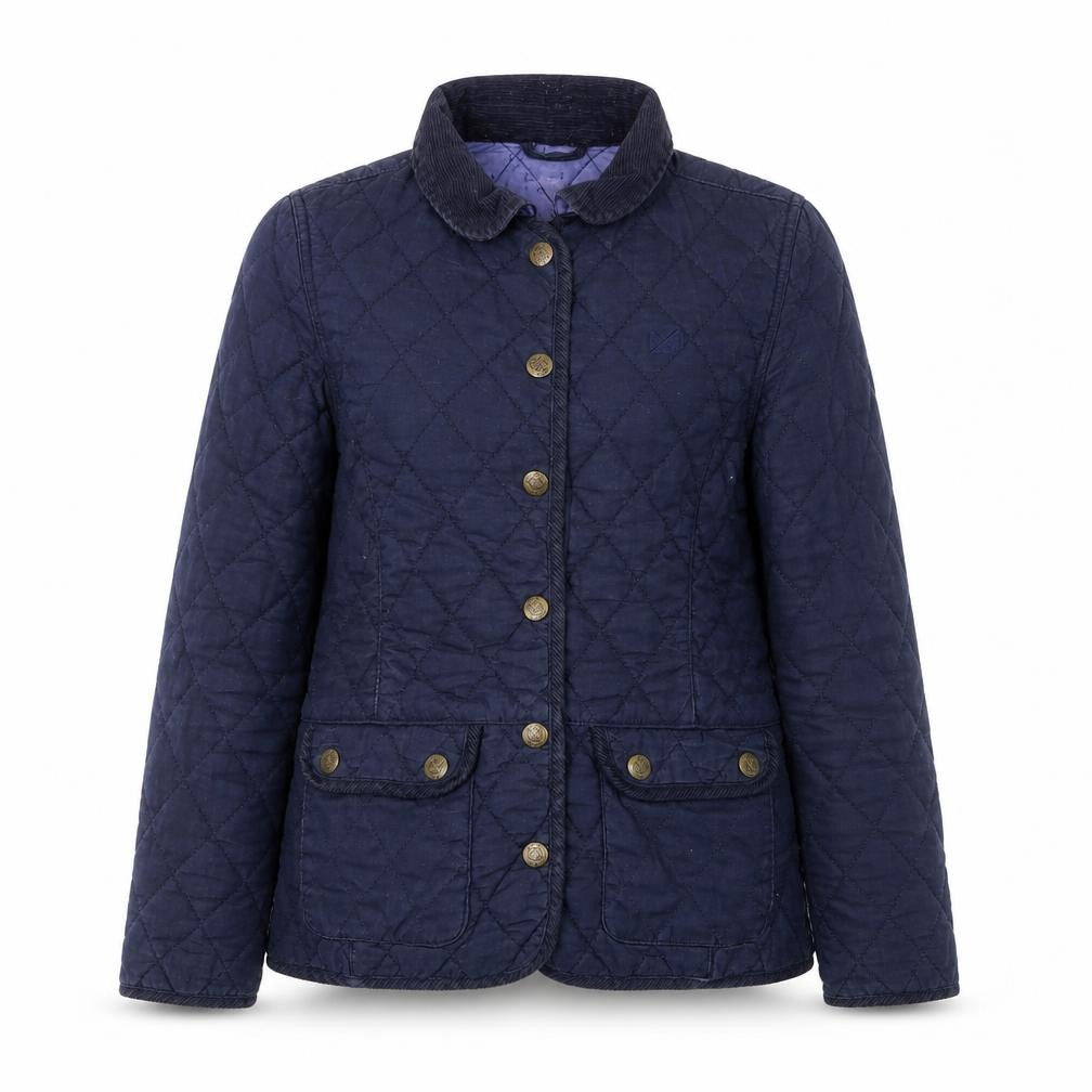 Front view of Crew Clothing Women's Blue Quilted Mid-Length Jacket, size 8