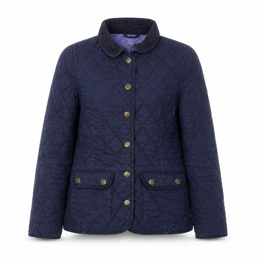 Front view of Crew Clothing Women's Blue Quilted Mid-Length Jacket, size 8