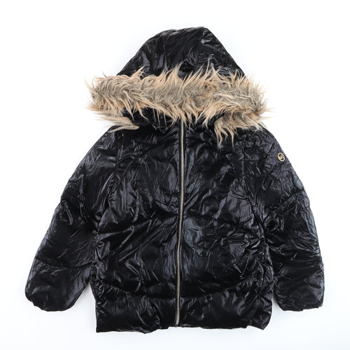 Michael Kors Girls Black Fur Trim Hooded Puffer Jacket 7-8 Years Winter Coat