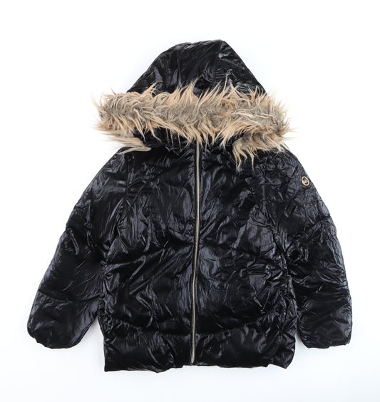 Michael Kors Girls Black Fur Trim Hooded Puffer Jacket 7-8 Years Winter Coat
