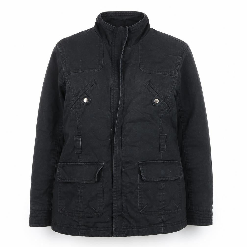 Front view of BHS women’s black military jacket, size UK 14, cotton twill mid-length