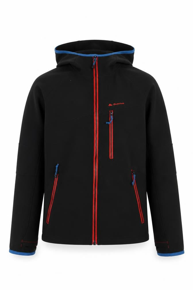 Front view of Quechua Teens Black Softshell Hooded Hiking Jacket, size 164