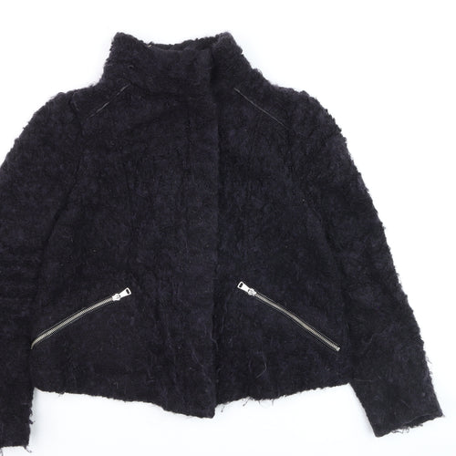 Whistles Women Black Mohair Biker Jacket UK 16 Winter Zip Short