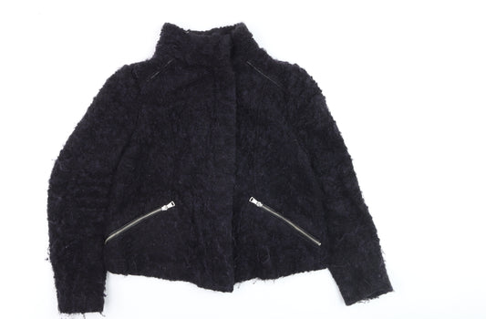 Whistles Women Black Mohair Biker Jacket UK 16 Winter Zip Short