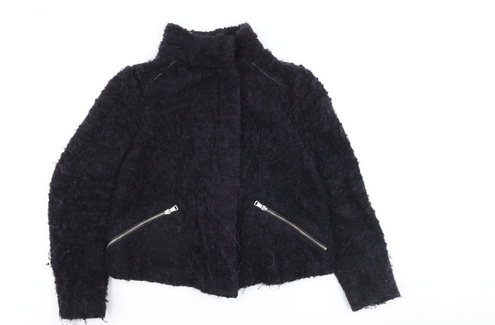Whistles Women Black Mohair Biker Jacket UK 16 Winter Zip Short