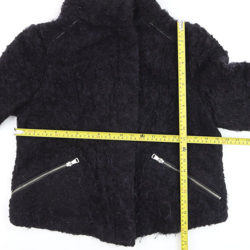 Whistles Women Black Mohair Biker Jacket UK 16 Winter Zip Short