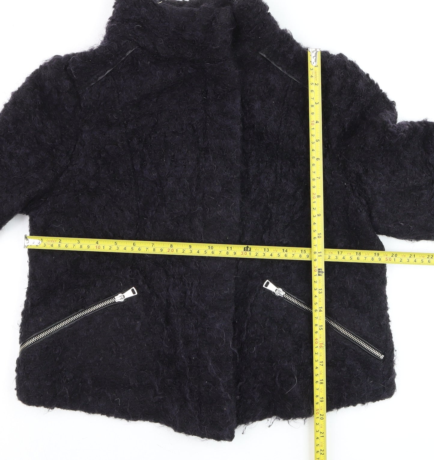 Whistles Women Black Mohair Biker Jacket UK 16 Winter Zip Short