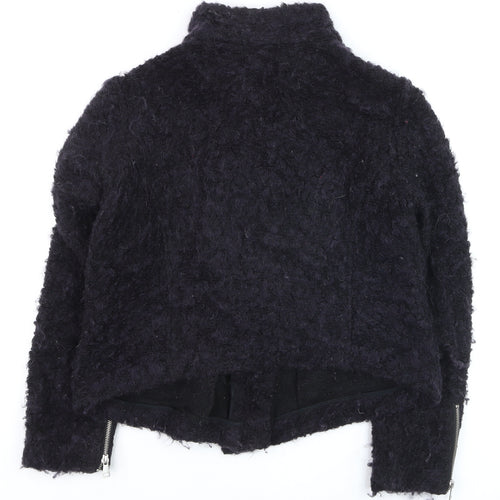 Whistles Women Black Mohair Biker Jacket UK 16 Winter Zip Short