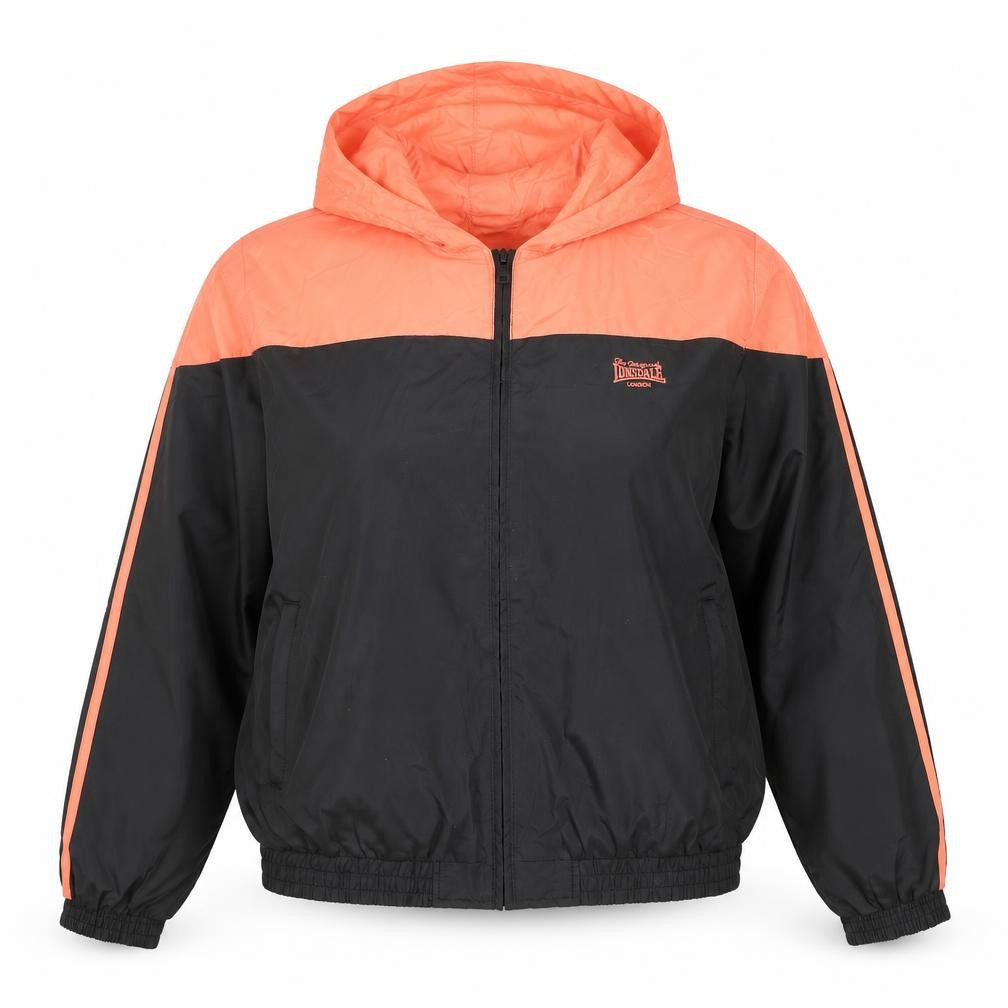 Front view of Lonsdale Women's Black & Orange Hooded Windbreaker Jacket, size 16