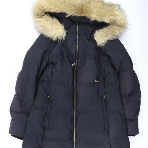 Zara Women’s Black Long Puffer Coat with Faux Fur Hood Size 14
