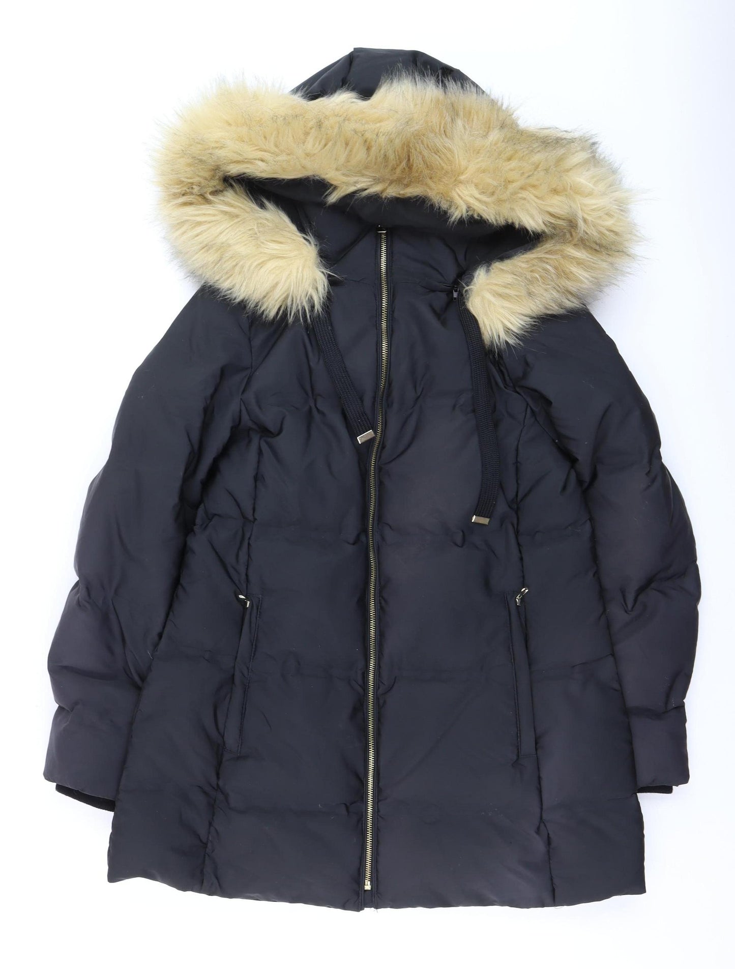 Zara Women’s Black Long Puffer Coat with Faux Fur Hood Size 14