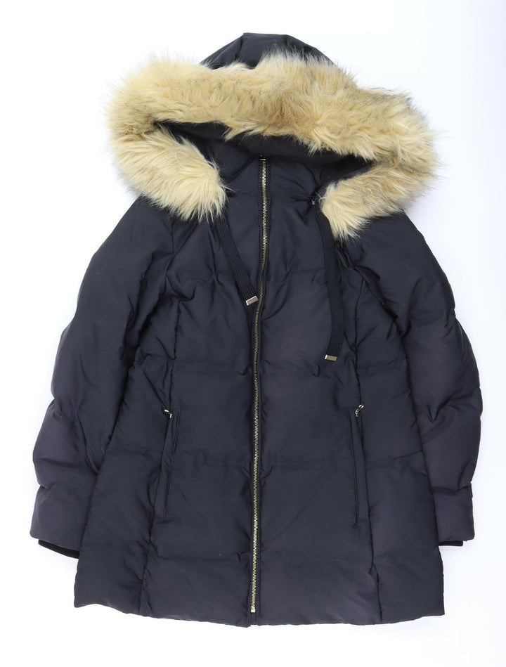 Zara Women’s Black Long Puffer Coat with Faux Fur Hood Size 14