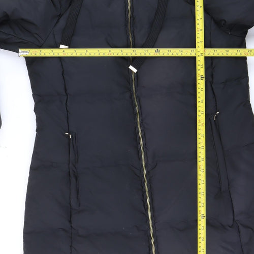 Zara Women’s Black Long Puffer Coat with Faux Fur Hood Size 14