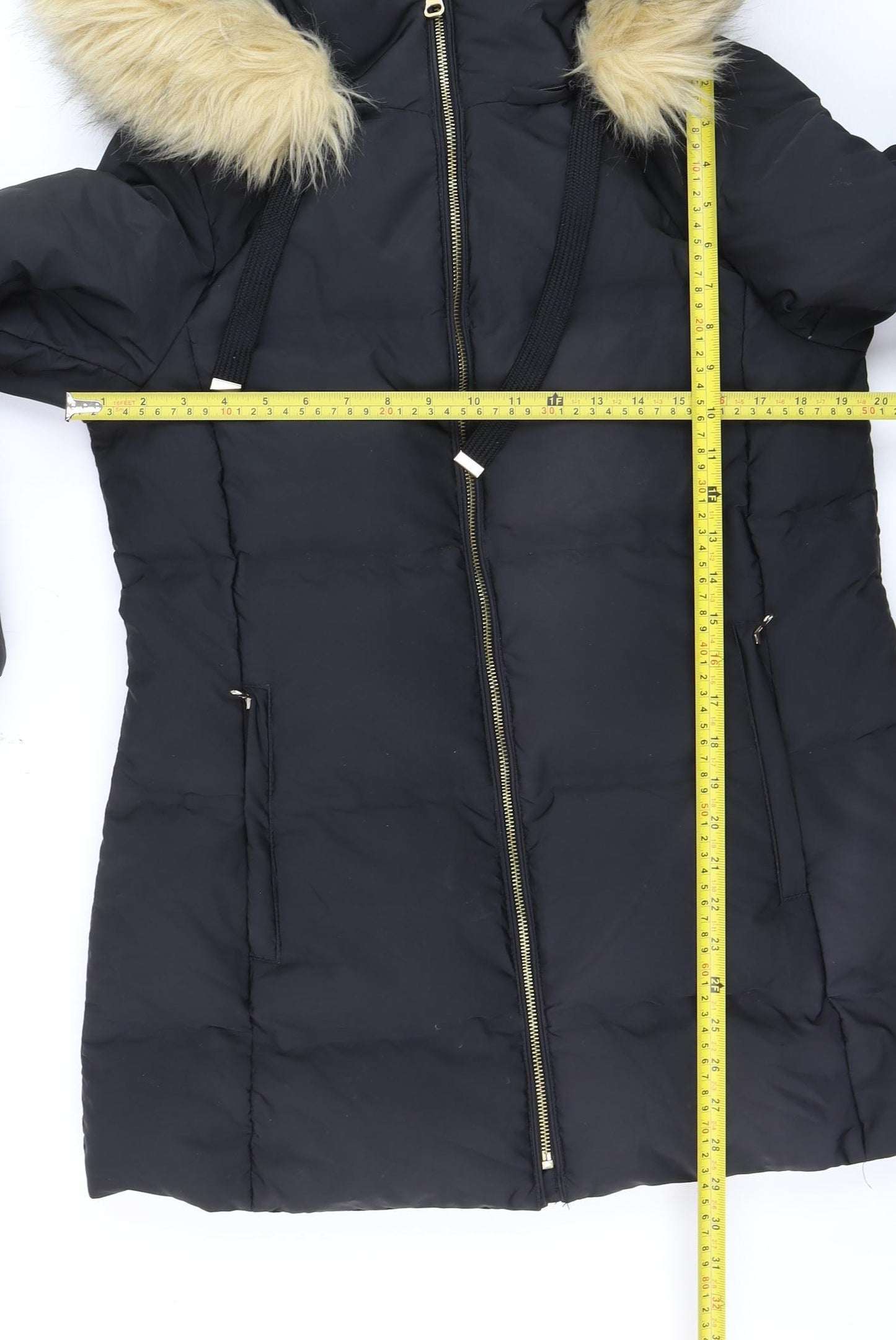 Zara Women’s Black Long Puffer Coat with Faux Fur Hood Size 14