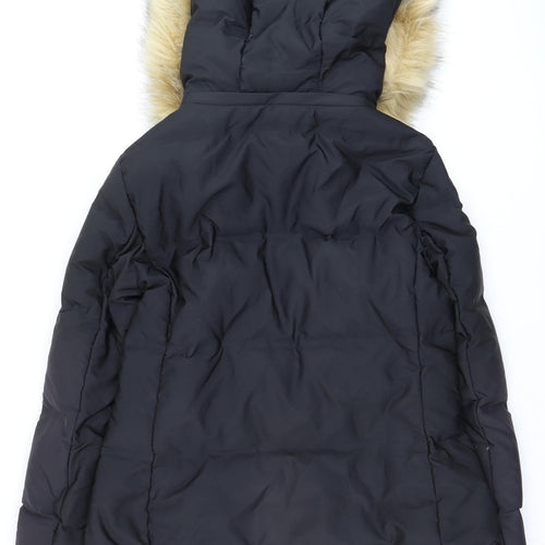 Zara Women’s Black Long Puffer Coat with Faux Fur Hood Size 14