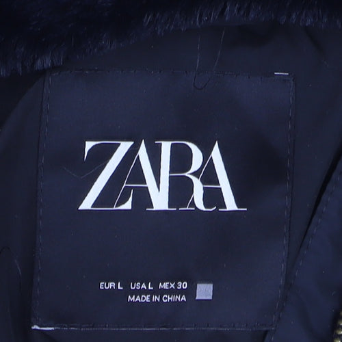 Zara Women’s Black Long Puffer Coat with Faux Fur Hood Size 14