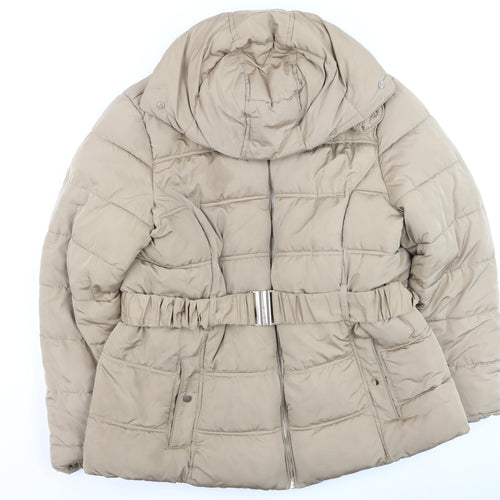 New Look Women’s Beige Puffer Jacket Size 12 Belted Faux Fur Hood Winter Coat