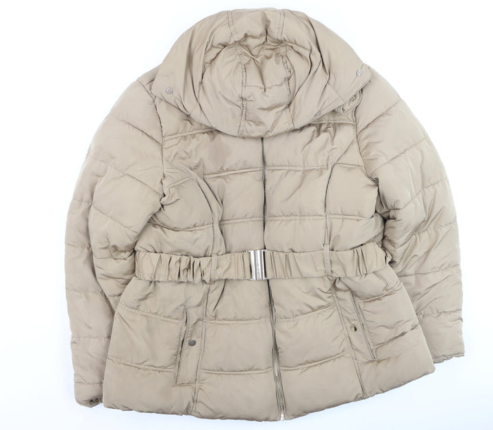 New Look Women’s Beige Puffer Jacket Size 12 Belted Faux Fur Hood Winter Coat