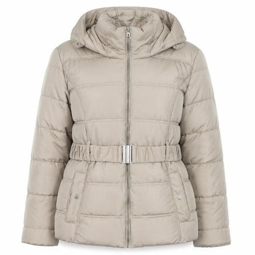 New Look Women’s Beige Puffer Jacket Size 12 Belted Faux Fur Hood Winter Coat