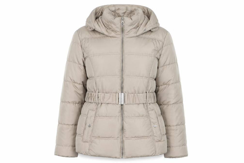 New Look Women’s Beige Puffer Jacket Size 12 Belted Faux Fur Hood Winter Coat