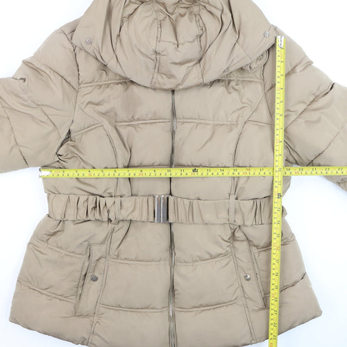 New Look Women’s Beige Puffer Jacket Size 12 Belted Faux Fur Hood Winter Coat
