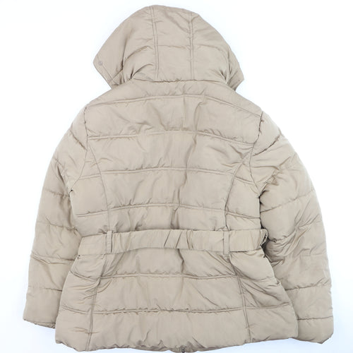 New Look Women’s Beige Puffer Jacket Size 12 Belted Faux Fur Hood Winter Coat