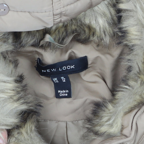 New Look Women’s Beige Puffer Jacket Size 12 Belted Faux Fur Hood Winter Coat