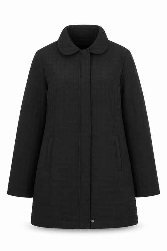 Front view of EWM Women’s Black Quilted Mid-Length Coat, size UK 12