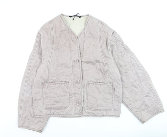 Zara Women Beige Quilted Short Jacket Size M Button Up