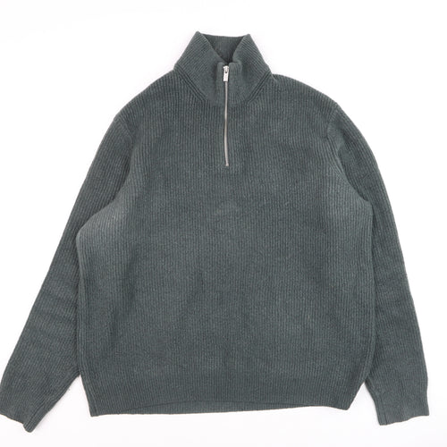 Marks and Spencer Mens Green Wool 1/2 Zip High Neck Jumper XL