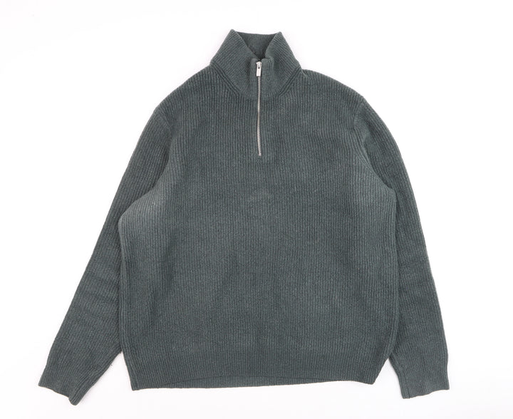 Marks and Spencer Mens Green Wool 1/2 Zip High Neck Jumper XL