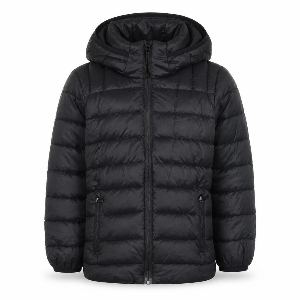 Front view of Explore boys’ black hooded puffer jacket 7 years winter quilted coat