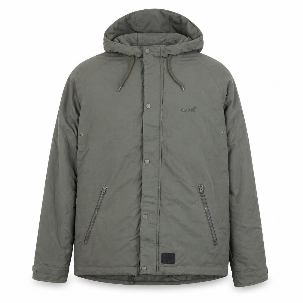 Front view of Boxfresh Men's Green Hooded Parka Jacket, size M, Nylon Lined Casual