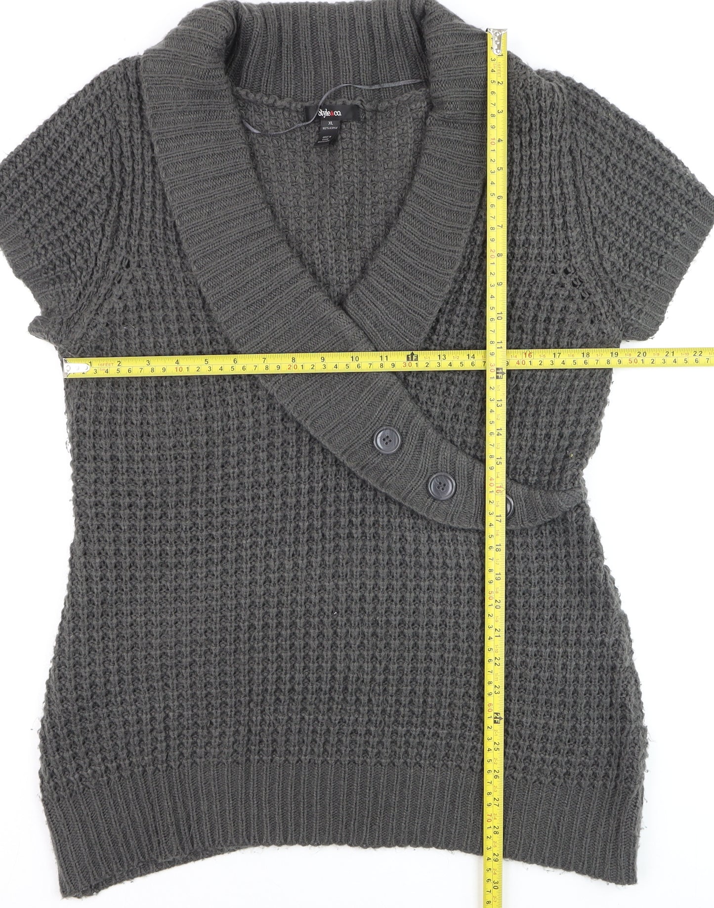 Style & Co Women's Grey Short Sleeve Chunky Knit Cardigan XL