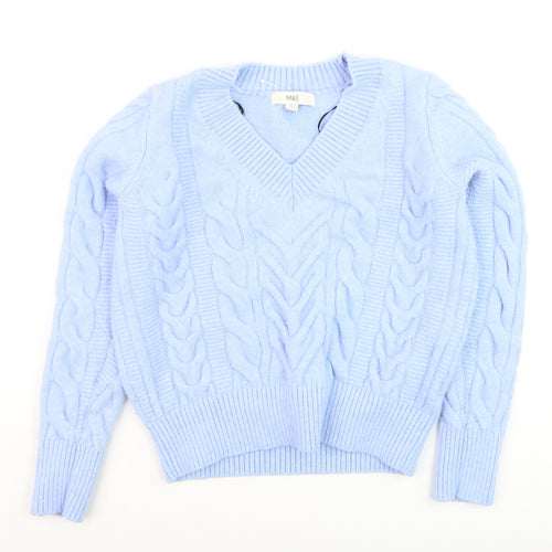 Marks and Spencer Women Blue Cable-Knit V-Neck Jumper Size S