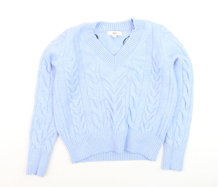 Marks and Spencer Women Blue Cable-Knit V-Neck Jumper Size S