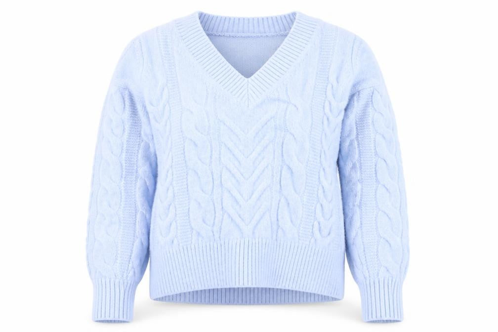 Front view of Marks & Spencer Women Blue Cable-Knit V-Neck Jumper, size S