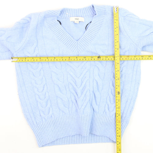 Marks and Spencer Women Blue Cable-Knit V-Neck Jumper Size S